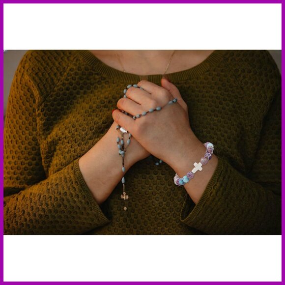 8mm Natural Stone Cross Bracelet Set, Stretch Fit, Christian Jewelry Gift - Picture 8 of 8